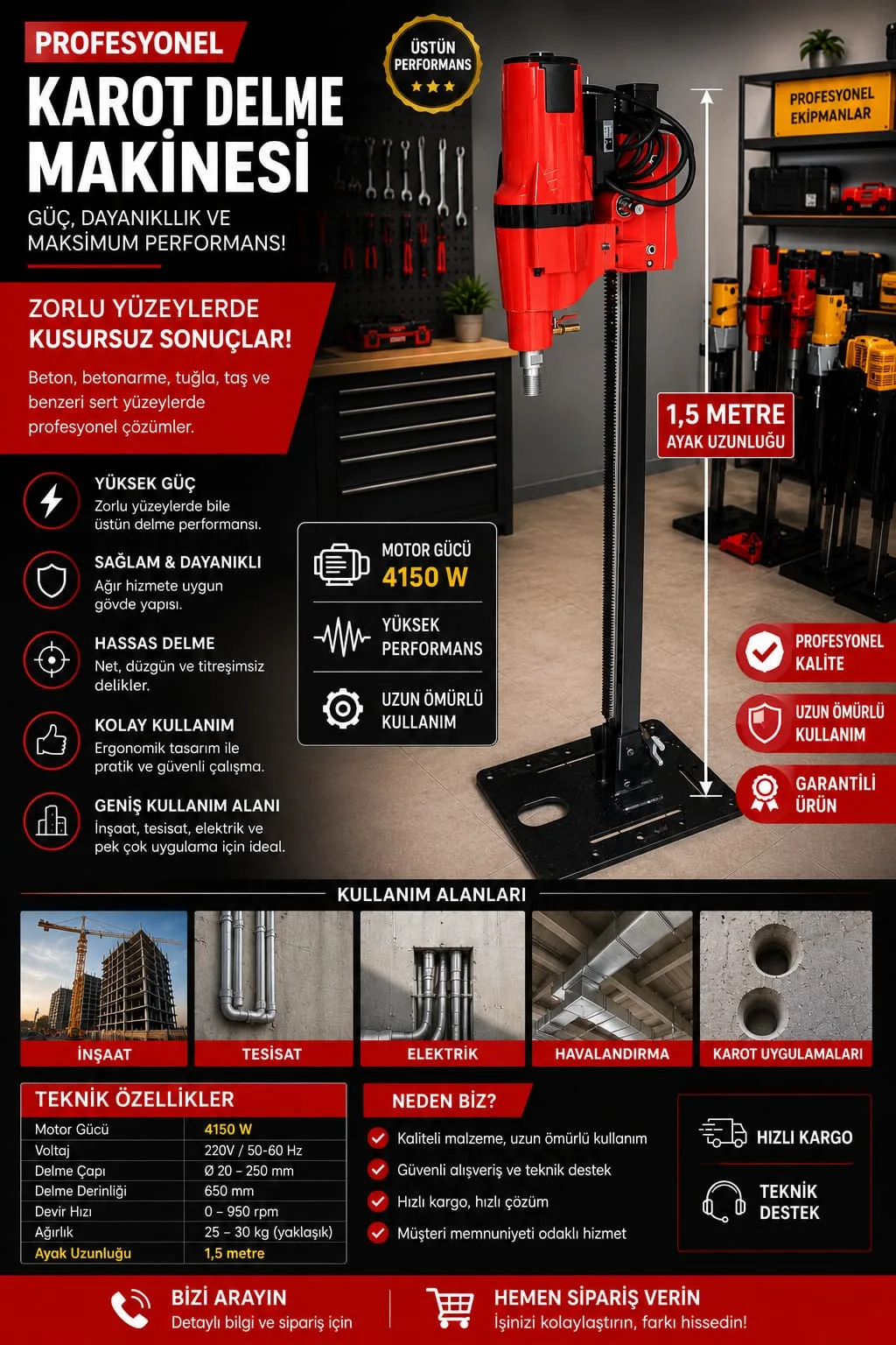 Karot Dünyası 4000 W Prof. Elektrikli Sehpalı Karot Makinesi 5 Mt. Set